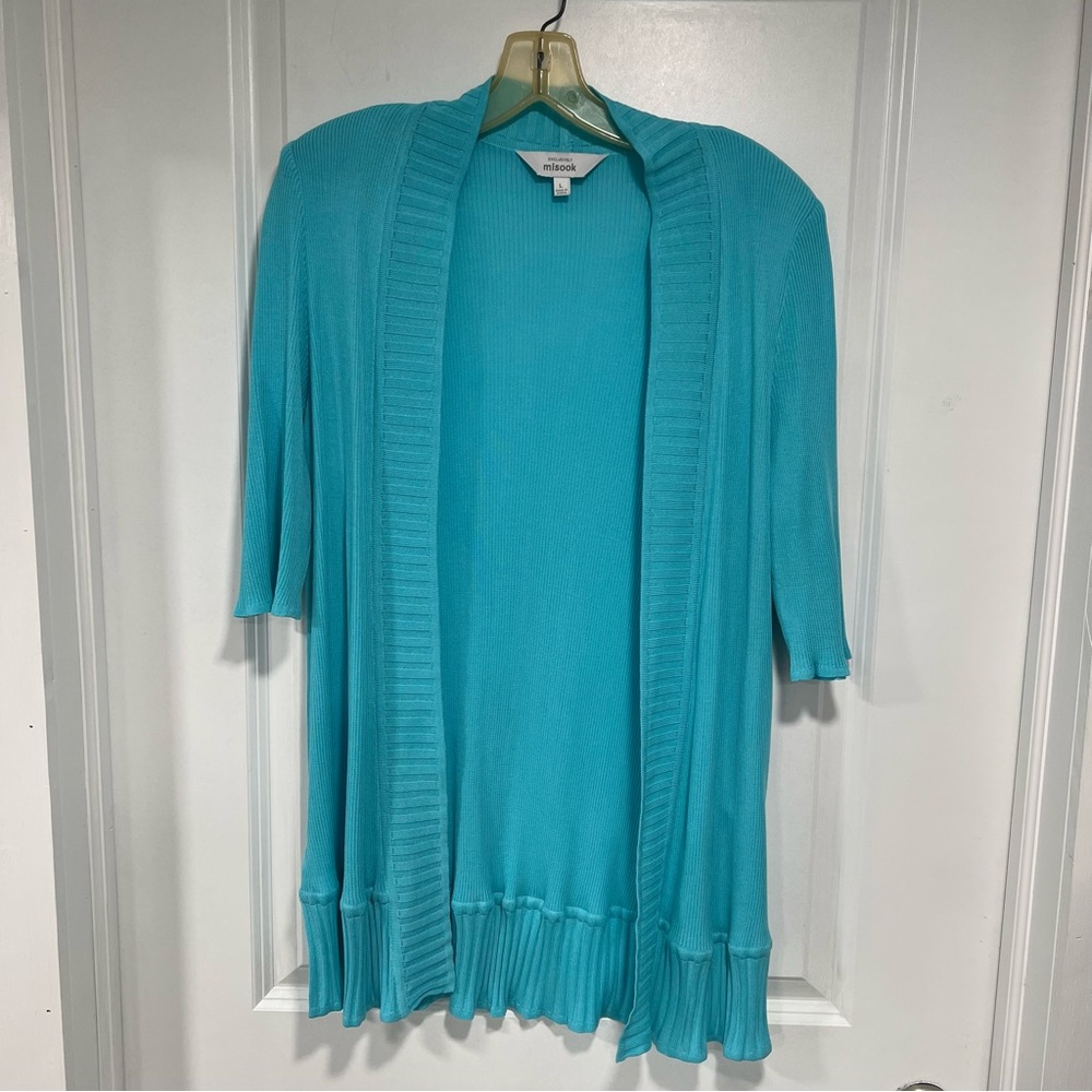 L Misook aqua cardigan sweater